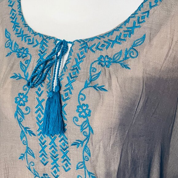 Taupe Boho Style Tunic Top with Turquoise Embroidery and Tassel Tie Bodice NWT - Picture 4 of 6